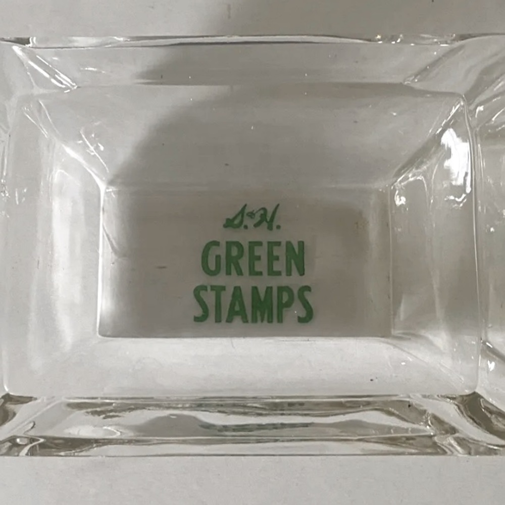 Vintage S&H Green Stamps Green Letters Clear Glass Heavy 6x4x1.5”